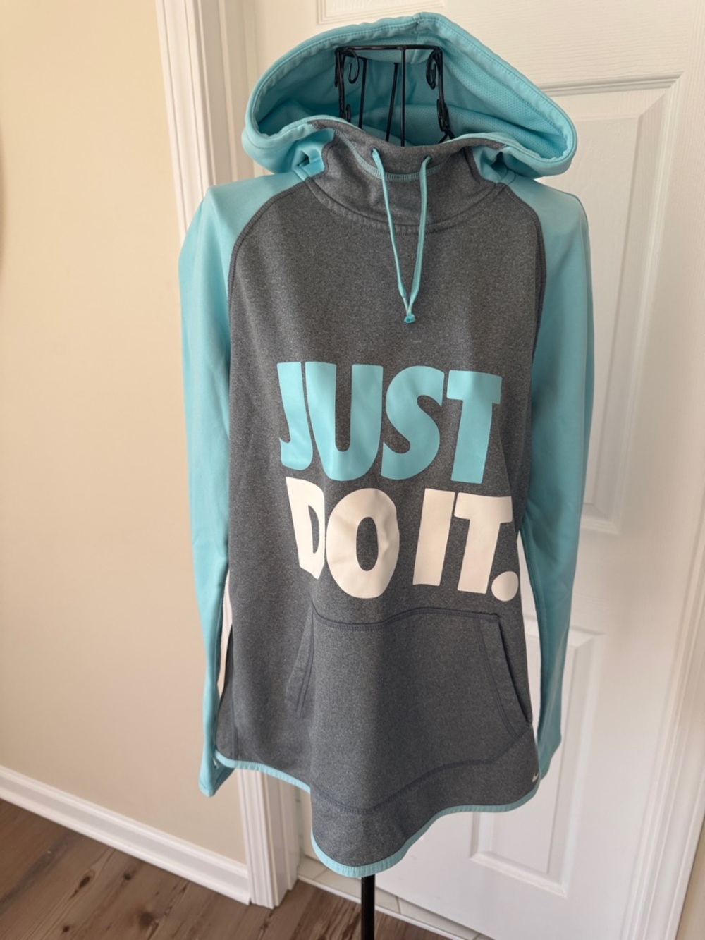 Nike Gray and Aqua 'Just Do It' Pullover Hoodie